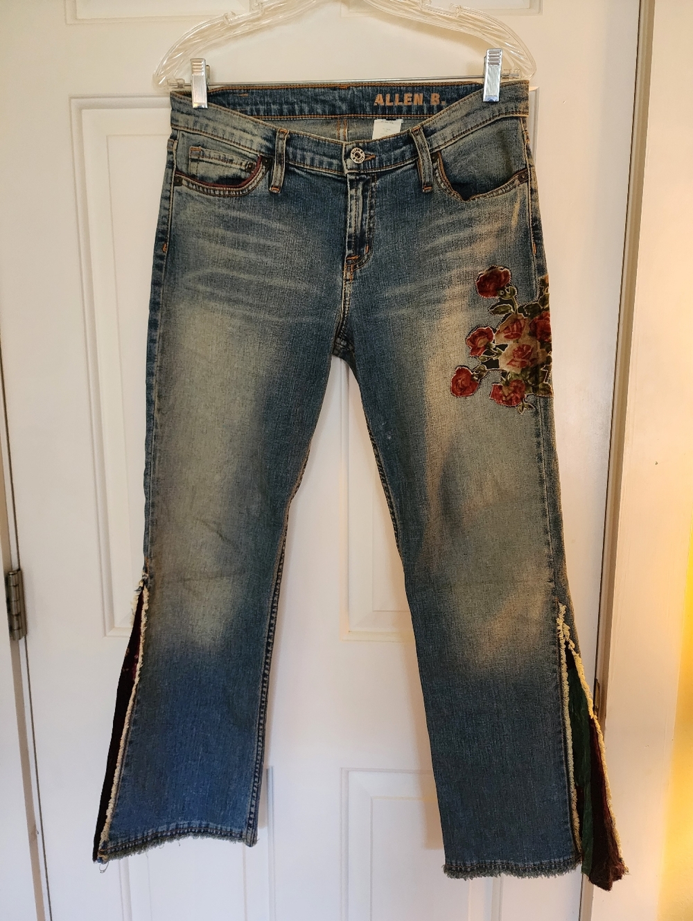 Allen B Low Rise Flare Jeans Floral Velvet Bell Bottom Festival Size 31 Hippie
